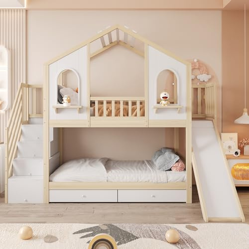 Kebnor Letto a castello per bambini, 90 x 200 cm, a forma di casa con finestre curve, con scala portaoggetti e cassetti, letto matrimoniale (colore legno)