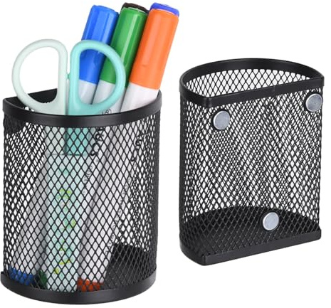 LUCYCAZ 2Pcs Magnetic Pen Holder for Desk, Metal Pencil Holder for Fridge, Magnetic Whiteboard Pen Holder Locker Organizer for Work School Office, Black