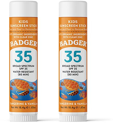 Badger Mineral Kids Sunscreen Face Stick SPF 35, Zinc Oxide Travel Size Sunscreen Stick for Kids, 97% Organic Ingredients, Reef Safe, Water Resistant, .65 oz, 2-Pack