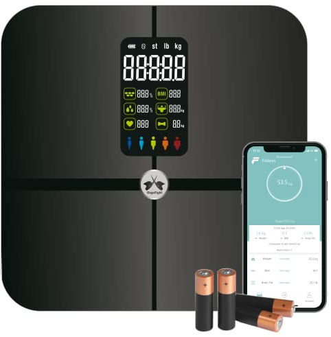 Smart Waage, Körperfettwaage mit integriertem großem LCD-Display, Bluetooth-Verbindung, Gewichtsanalyse durch 15 Daten, BMI, Herzfrequenz, Körperfett, Batterien enthalten
