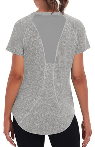 Wayleb Maglietta Sportiva T-Shirt Donna Maniche Corte per Allenamento Estive Asciugatura Rapida T Shirt Palestra Fitness Yoga Running Tee Top Grigio Chiaro,L