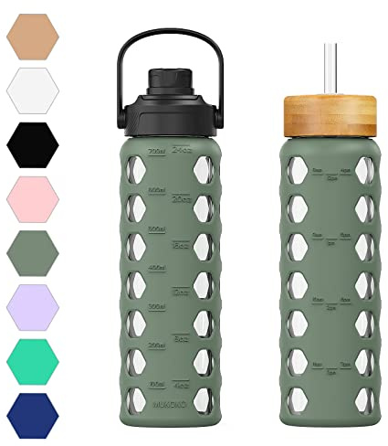 MUKOKO 24oz Glass Water Bottle with 2 Lids-Handle Flip Lid&Bamboo Straw Lid,Motivational Water Tumbler with Time Marker Reminder and Silicone Sleeve, Leakproof-Olive