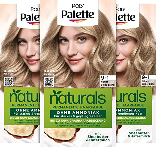 Palette Naturals Permanente Haarfarbe 9-1 Kühles Beige Blond (3 x 115 ml), pflegende Haarfarbe ohne Ammoniak, Coloration für bis zu 100 % Grauabdeckung