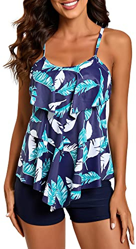 Flyily Tankini i 2 delar, baddräkt med volanger, överdel med tryck, pojkshorts, plusstorlek, badkläder, 3XL