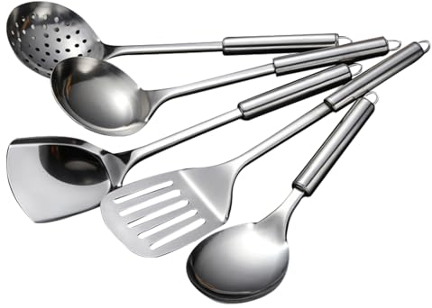 5 Pcs Cooking Utensils Set Stainless Steel Kitchen Utensils Gadgets Resistant Cooking Tools Includes Slotted Spoon, Slotted Spatula, Large Spoon, Soup, Spatula(Sliver)