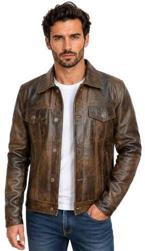 Harrington Veste de camionneur en cuir véritable pour homme – Col de chemise – Veste en cuir de cowboy occidental