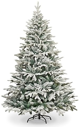 Garden Store Direct Lapland Fir Covered Artificial Christmas Tree Snow Flocked PE PVC Mixed Tips Hinged Branches Bushy Luxury Xmas Home Snowy Decorations 4ft to 10ft (4ft (120cm), Snow Flocked)