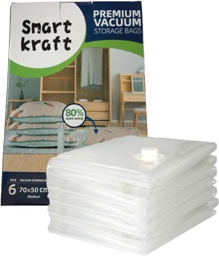 SMART KRAFT 6 PACK 70 X 50CM MEDIUM VACUUM STORAGE BAGS FOR CLOTHES, DUVETS, BEDDING, PILLOW, TRAVELING WITH DOUBLE ZIP SEAL VACUUM BAGS FOR CLOTHES