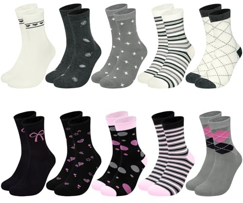 Chalier Cozy 10 Pares de Calcetines de Algodón para Mujer - Diseños a Rayas, Puntos, Amor y Flores - Regalos para Mujeres - Talla Única