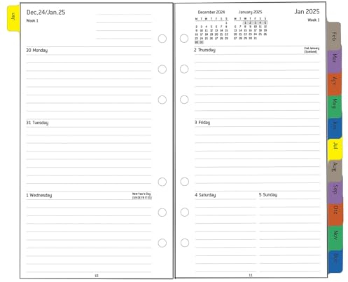 2025 Diary Refill Personal Size, 1 Week on 2 Pages with Monthly Tabs, Extra Budget, Notes, Contact, UK Holidays, Thick Paper 100 & 140 gsm, January 2025 -December 2025, 9.5x17.1cm