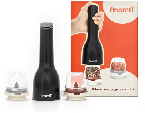 FinaMill Classic Battery Spice Mill – Battery Operated Salt and Pepper Grinder Set, Includes 2 Interchangeable Spice Pods, Adjustable Coarseness, Ceramic Grinder, LED Light, Home and Kitchen Gift Set