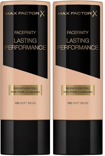 Max Factor Lasting Performance Foundation Soft Beige 105 – Langanhaltendes Flüssig Make-up – Für die perfekte, schwerelose Grundierung – 1 x 35 ml (2er Pack)