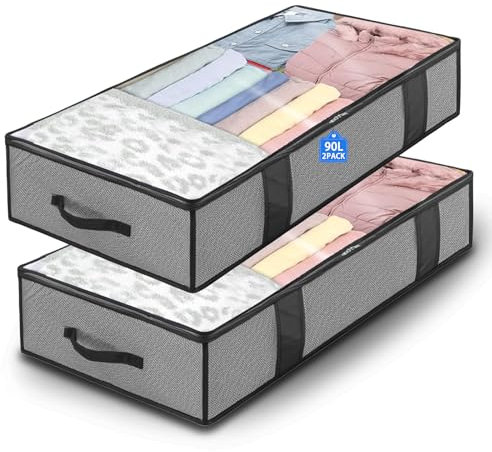 2 Pezzi Contenitori Sottoletto 90L - Scatole per Letto Contenitore - Scatole Sottoletto - Confezione Contenitore Sottoletto Pieghevole - con Cerniera e Maniglie - per Vestiti, Trapunte, Coperte