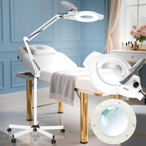 KIRKAS 2,200 Lumens Magnifying Floor Lamp for Esthetician, 12X Magnifier Light Real Glass Lens with 5 Wheel Rolling Base, 2 in 1 Adjustable Stand & Arm LED Magnifying Light for Tattoo, Craft-White
