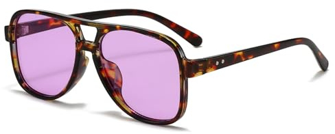 Long Keeper Gafas de Sol Piloto Mujer Hombre Gafas de Sol Retro Años 70 Doble Puentes Gafas Piloto Vintage Cuadradas 70s Estilo Protección UV400, 58mm (Montura Leopardo - Lente Violeta)