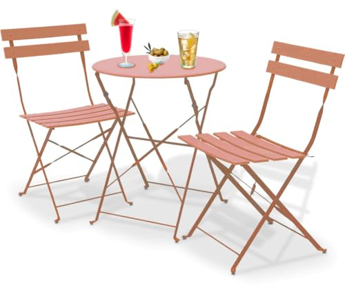 Shally Dogan Juego de 3 piezas de jardín plegable modelo París, mesa con 2 sillas de acero, muebles que ahorran espacio para bistró, balcón, patio, terraza, exterior, bar doble (pesca)