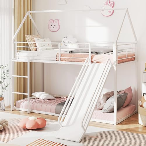 GOPLUS Lit Superposé Cabane 90x200CM pour Enfants de 6-16 Ans, Lit Toboggan Mezzanine avec Échelle à 3 Marches, Barrière de Sécurité et Cadre en Métal Robuste, Charge 110KG (Blanc)
