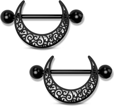 OUFER 14G Set di Piercing al Capezzolo a forma di Luna Nera, 2 barre per Capezzoli in Acciaio Inossidabile 316L con Sfere Filettate, Gioielli per il Corpo con Intaglio a Mezzaluna da 14 mm per Donna
