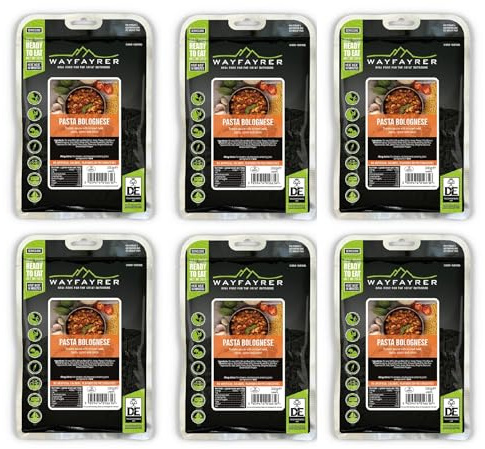 Pack of 6 x Wayfayrer Food - Ready to Eat Camping and Expedition Rations - Eat Hot or Cold (Pasta Bolognese)