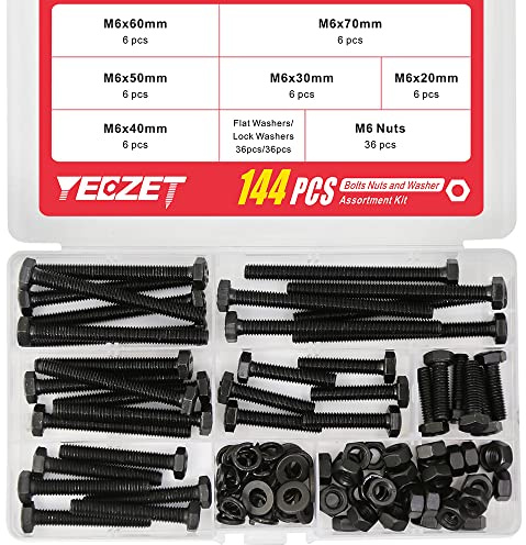 YEEZET Schrauben M6 144 Pcs Sechskantschrauben Unterlegscheiben Federringe und Muttern Sortiment Kit (8.8 Kohlenstoffstahl)