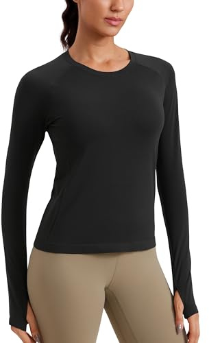 CRZ YOGA Women's Seamless Sports Long Sleeve Shirts Ribbed Running Shirt with Thumb Hole Breathable Quick Dry Fitness Tops Black 10