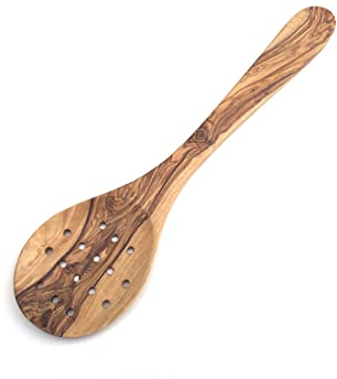 Écumoire - Longueur au choix - Cuillère à tamiser - Avec trous - Extra large - Fabriquée à la main en bois d'olivier (moyenne : 35 cm)