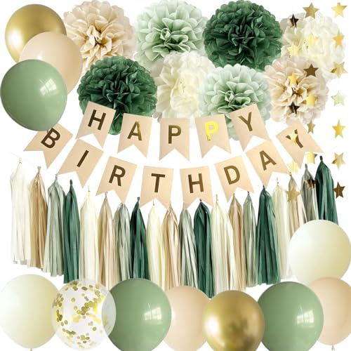 ANSOMO Sage Green Happy Birthday Party Decorations Retro Green Nude Ivory Dark Olive Kraft Paper Banner Balloons Neutral Rustic Boho Blush Safari Botanical Greenery Wild DƩcor Supplies Women Adults