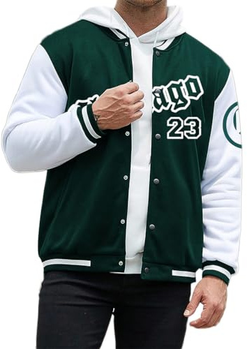 Oanviso Homme Veste De Baseball Oversized Vintage Manteau Imprimé College Jacket Veste avec Chapeau Casual Blouson Bomber Veste De Survêtement Streetwear Pour Hiver A Vert Foncé S