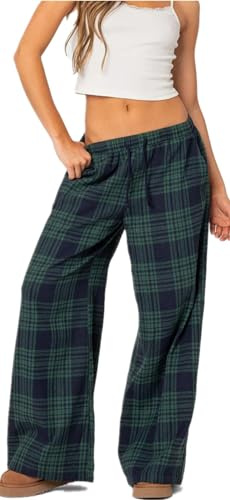 Yassiglia Pantalon de pyjama à carreaux pour femme - Taille élastique - Pantalon ample à jambe large - Bleu, M