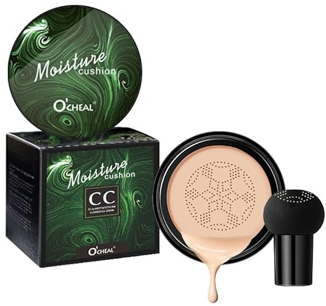 KARLOR CC Creme Foundation Air Cushion with Mushroom Head, Cushion Foundation CC Cream Light wear to even tone Concealer Moisturising BB Cream Foundation Mixed Skin Tone Base (02# Natural)