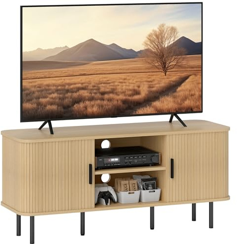 HOMCOM Meuble TV, Banc TV, avec 2 Portes Tambour à lamelles, 120 cm, Design scandinave, pour télévision jusqu'à 55 Pouces, Ton chêne