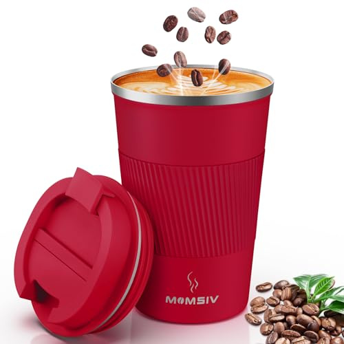 MOMSIV Termosbägare isoleringskopp, 380 ml, halkfri resemugg i rostfritt stål, dubbelväggig vakuumisolerad, vakuumisolerad, läckagesäker resemugg med lock, kaffe-to-go mugg, röd
