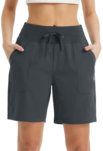 baleaf Löparshorts, dam med fickor, 18 cm knälånga sportshorts, dam, ventilerande, snabbtorkande, UV-skydd, sportbyxor, korta för utomhus, löpning, fitness, 1,0 grå, M