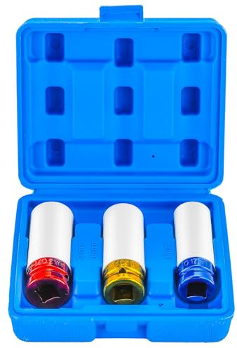 DASBET 3PCS Lug Nut Impact Socket Set 1/2 Inch Drive Impact Wheel Nut Socket Set Thin Wall Deep Wheel Protector Socket Set 6 Point, Metric 17mm, 19mm, 21mm