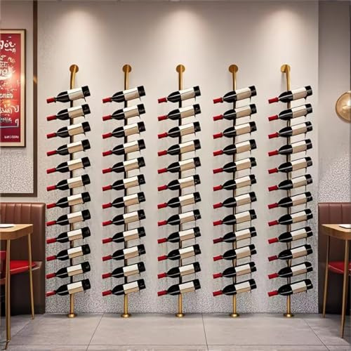 Dernoing Estante para Botellas de Pared, H 185, botellero Negro para Vino, Contiene 12 botelleros de Metal, para restaurantes comerciales, despensas, Bares, bodegas (Oro, Cinco Filas: 60 Botellas)