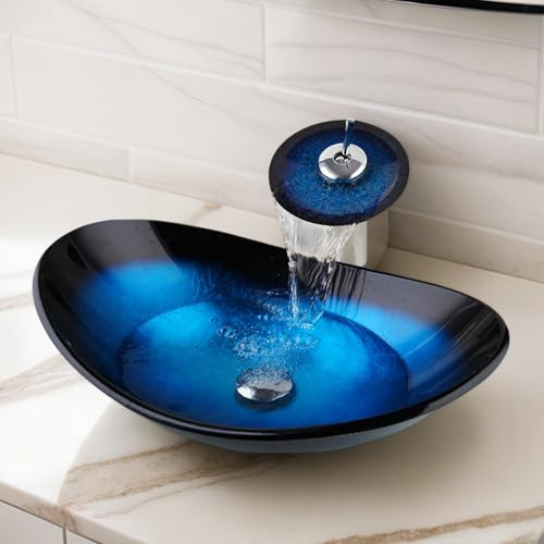 kiciykc Blue Tempered Glass Sink Oval Bathroom Sinks Countertop Wash Basin Sink with Tap & Pop-Up Waste, 560mm x 350mm x 165mm