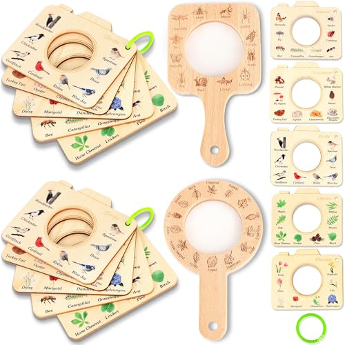 4 Pcs Kids Wooden Magnifying Glass Montessori Educational Explore Toy with Wood Bug Cards for Outdoor Adventure Toy