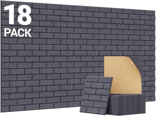 TONOR Lote de 18 paneles Acústicos con Forma de Ladrillo, 30 x 30 x 0,9 cm Espuma Acústica Autoadhesiva, Paneles Decorativos para Paredes de Salones, Dormitorios y Oficinas, Gris Oscuro
