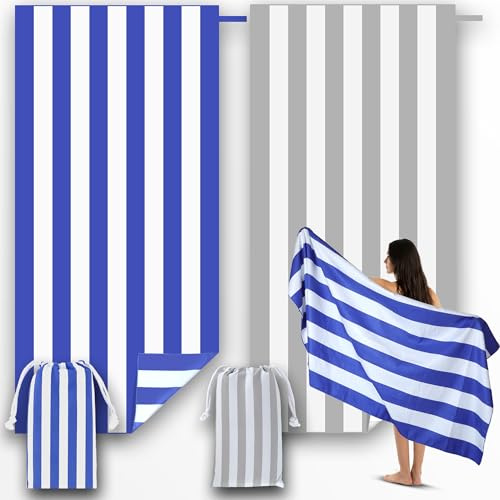 Anavasi Microfibre Beach Towels for Adults - 2 Pack 180 x 90 cm with Drawstring Bag, Quick Dry, Lightweight, Sand Free, Extra Large 100% Recycled for The Beach (Stripe Dark Blue and Grey)