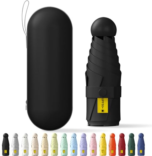 FWHFNB Litet paraply, Mini Fickparaply, Vikbart Reseparaply, Regn UV Solskydd, UPF 50+, Kompakt Lätt Bärbar, För Kvinnor Män, Svart, 19 cm