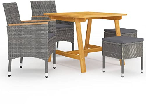 JHQHSM 5 pezzi Gruppo da giardino grigio in legno di acacia con rattan PE e cuscini imbottiti per terrazza ed esterni – Set di mobili da esterno resistente alle intemperie con tavolo da pranzo e sedie