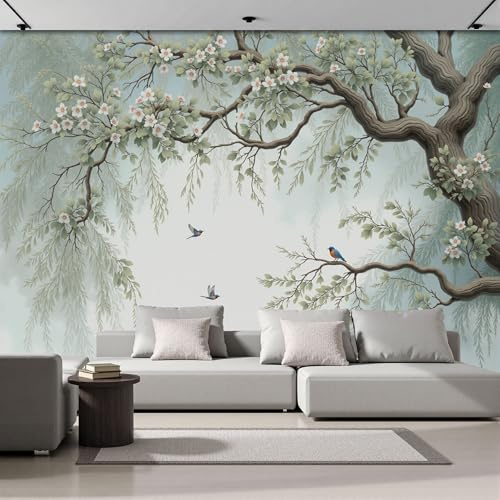 DACRWEKZ Papier Peint Panoramique Artistique 350x256cm - Revêtement Mural Décoration Chambre Salon - Peinture à l'encre chinoise - Vert clair - Arbres et oiseaux - Pour Chambre d'enfant Décoration