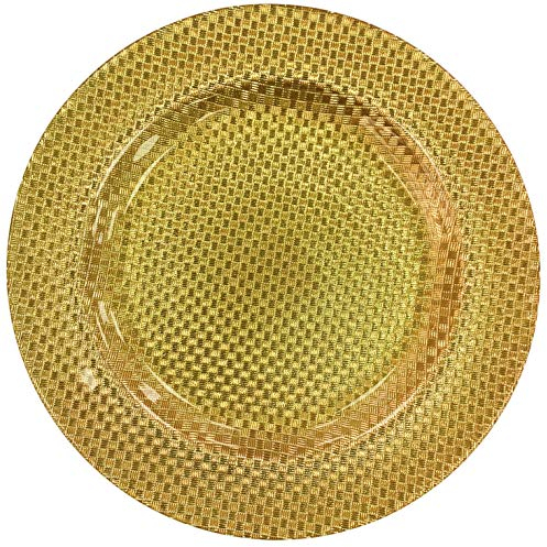 Rammento 33cm Gold Glass Charger Plate, Woven-Effect | Large Glass Underplate for Dinner Plates, Potpourri & Candle Plate | Reusable Christmas Placemat for Festive Dining | Dining Table Accessories