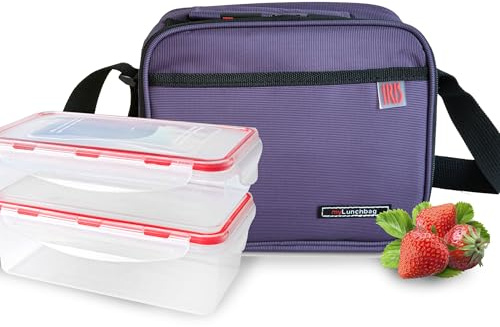 Bolsa Térmica Porta Alimentos 4 L - Set Bolsa Térmica con 2 Taper para Comida Hermético de 0.6 L, Lunch Box de Paredes Extra-Gruesas con Efecto Nevera, Loncheras de Trabajo, Camping, Lila