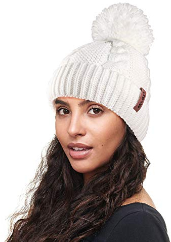 RockJock R80 Warm Chunky Cable Knit Pom Pom Hat with Thermal Insulating Teddy Fleece Liner-Cream