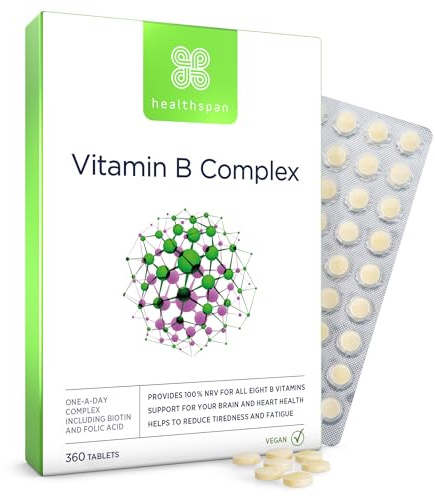 Healthspan Vitamin B Complex | 8 B-Complex Vitamins | Heart Health, Mental Performance & Psychological Function | Combat Tiredness & Fatigue | Gelatin Free | Vegan (360 Tablets)