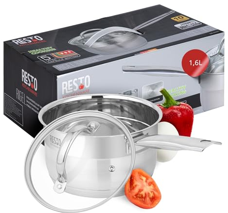RESTO Stielkasserolle aus Edelstahl 18/10 - Suppentopf, Soßentopf - Glasdeckel mit Dampfauslass - geeignet für alle Herdarten - Messskala, Geschenkkarton (⌀16, h = 9,5 cm, 1,6l)