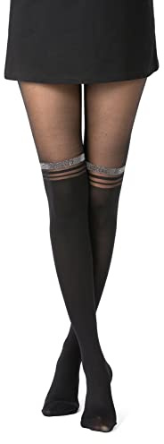 Gi&Gi Collants Fantaisie Femme, Noir, Motif Cœur Mock Over-Knee, Nylon, Semi-Transparent et Opaque, Style Élégant (FR/ES, Alpha/lettres, S, M, Taille normale, Taille normale, Rayures noires)