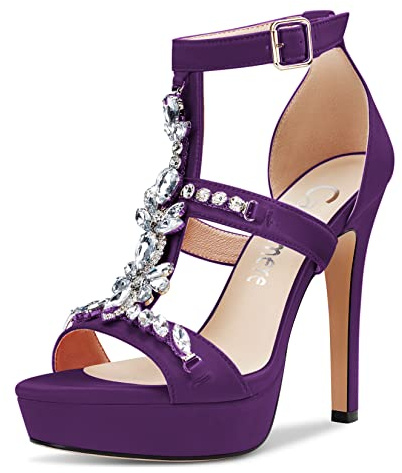 Castamere Donna Spillo Alto High Tacco Heel Piattaforma Aperte sulla Punta Sandali Romani Diamante Cristallo da Matrimonio Feste Sexy 13 CM Heels Viola Raso 36 EU