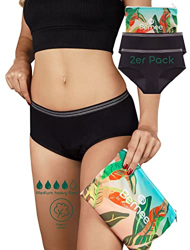 BeMee Daytime Hipster, Perioden-unterwäsche, Menstruations-Slip aus Bio-Baumwolle, auslaufsicher bei mittlerer bis starker Blutung für Frauen, schwarz, Größe XXL, Doppelpack